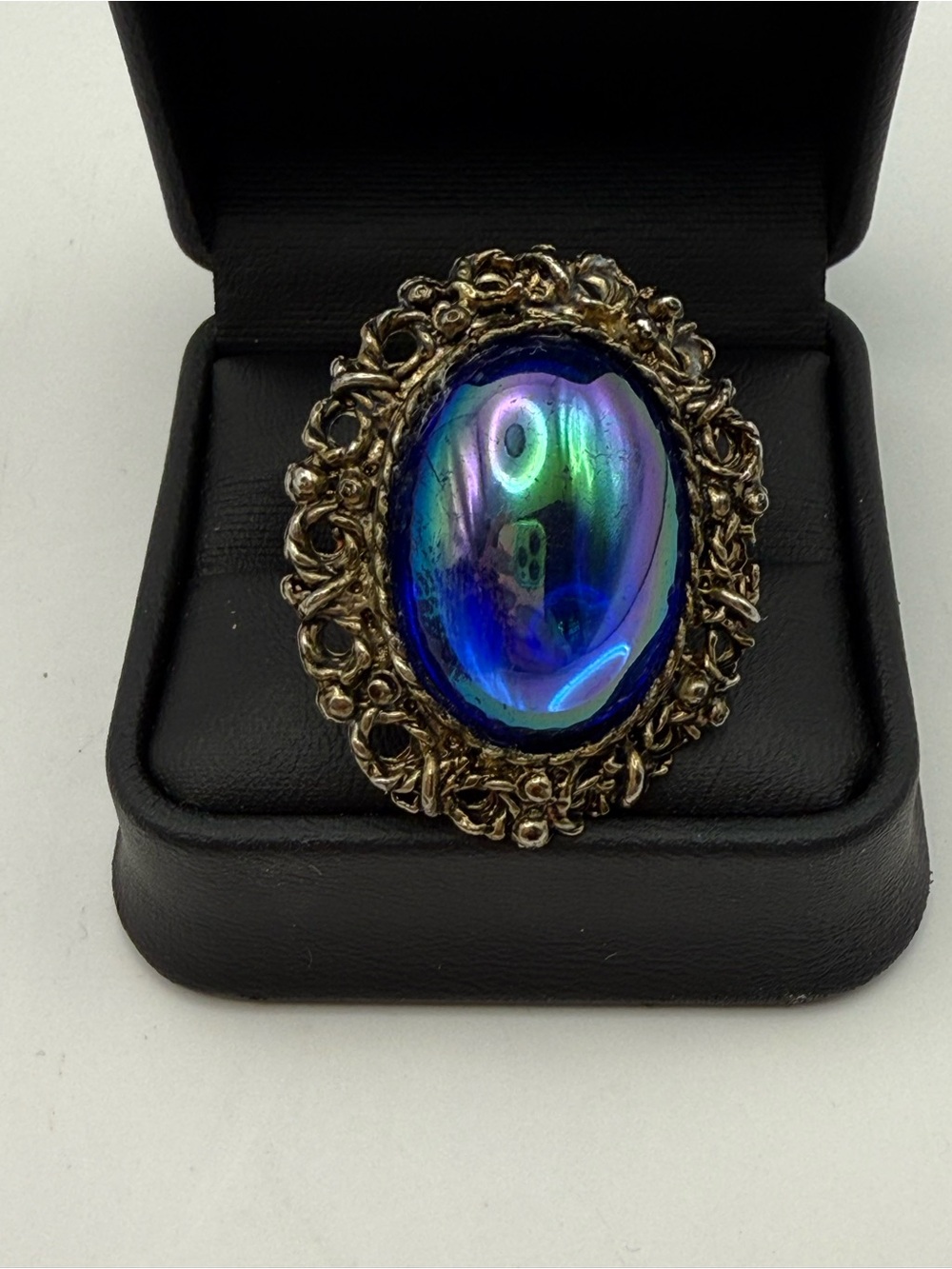 Vintage Style Iridescent Blue Purple Cabochon Adjustable Statement Ring Ornate
